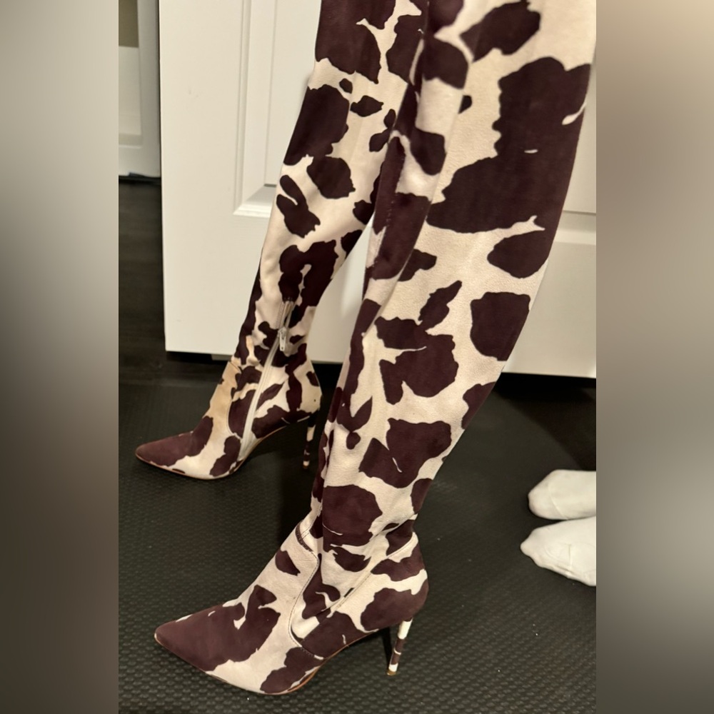 Cow Print Knee-High Boots
